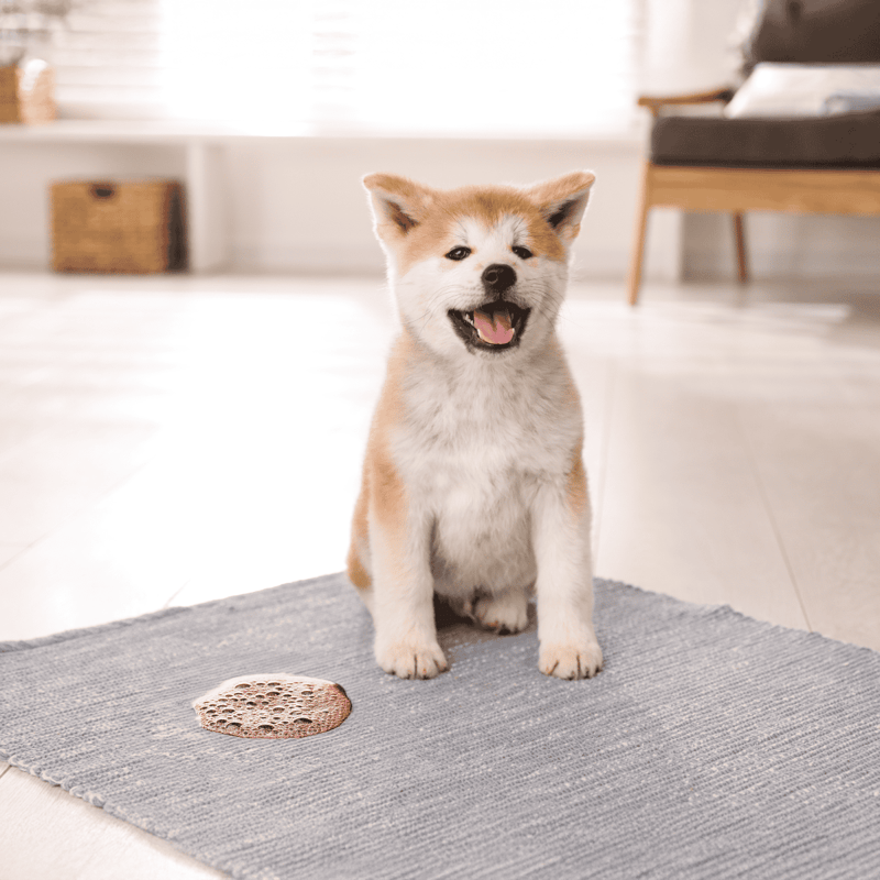 Adorable Akita puppy playing with bath sponge in living room.