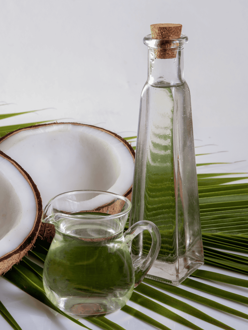 Healthy coconut water in glass bottle with coconut halves and green palm leaves.