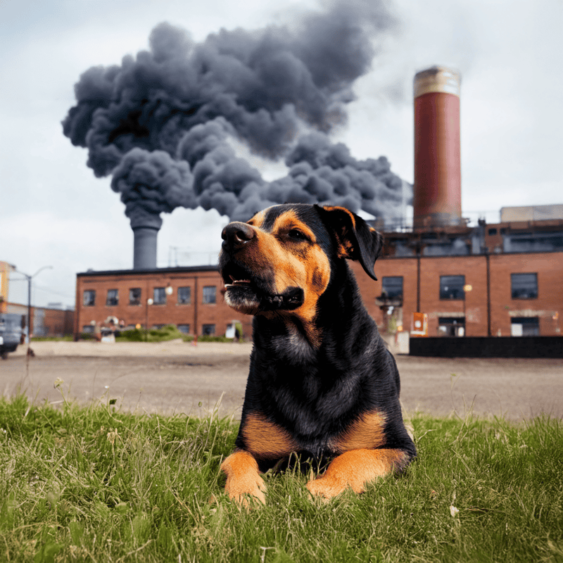 Dog with alert expression near industrial pollution and black smoke in the background.