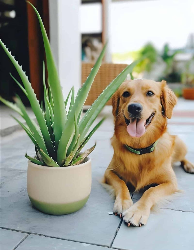 Dog lying next to large aloe vera plant, showcasing pet care and dog wellness indoors.