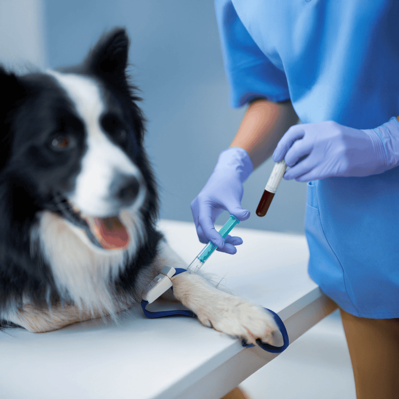 Veterinarian drawing blood from Border Collie dog at clinic, pet health, medical care, dog health checkup, professional vet services.