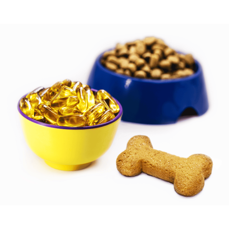 Vitamin supplements and pet nutrition dog food bowls.