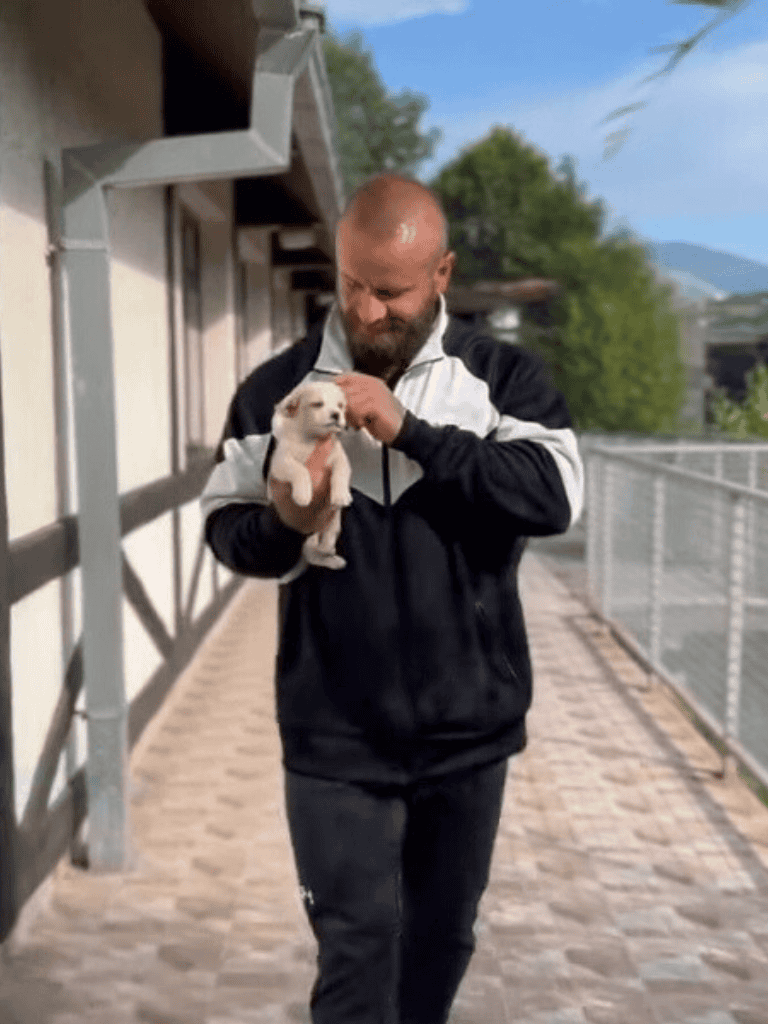 Adorable man holding a small puppy outside, emphasizing pet care and training.