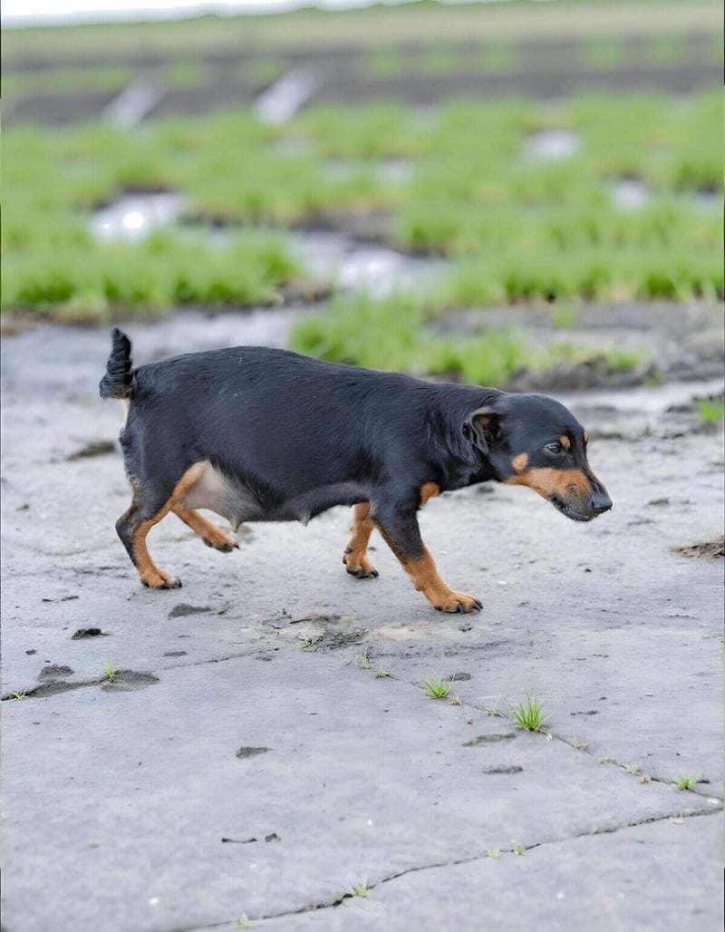 Adorable black and tan Dachshund puppy exploring outside on a stone pathway with natural scenery.