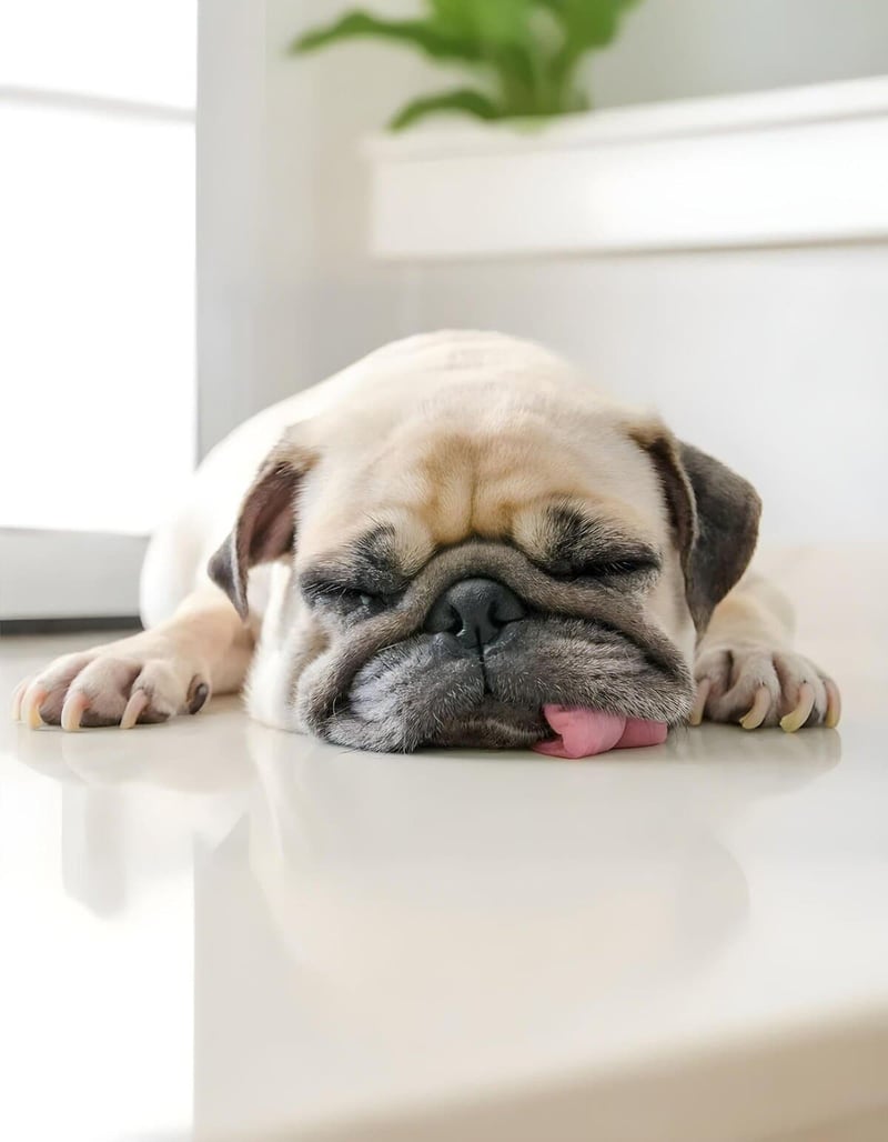 Adorable bulldog puppy resting on a clean, minimalistic surface for dog care.