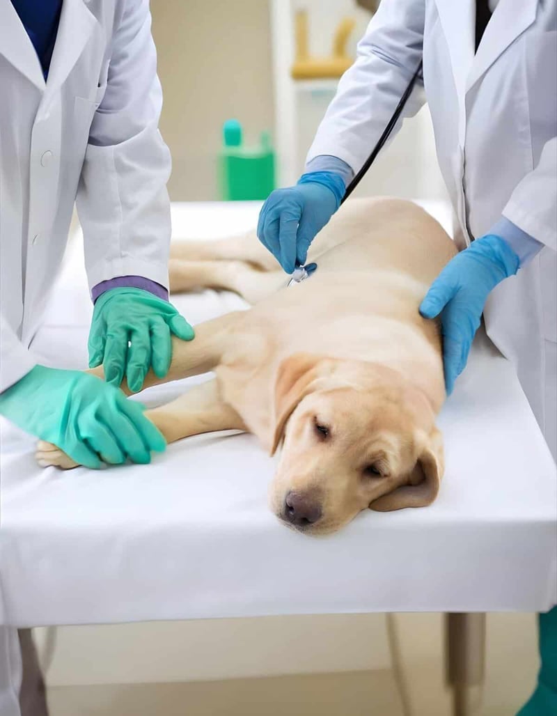 Vet administering treatment to a relaxing Labrador Retriever at a veterinary clinic.