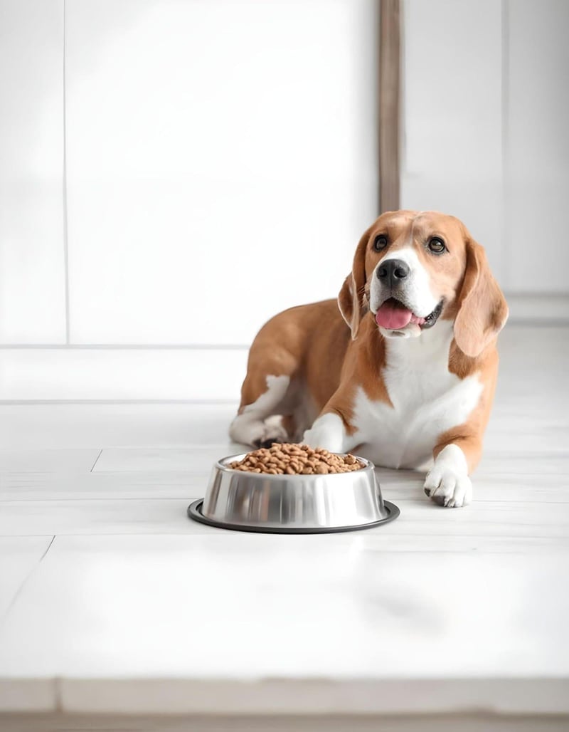 Happy beagle dog lying with food bowl filled with kibble, sitting on white floor, indoors, pet feeding time.