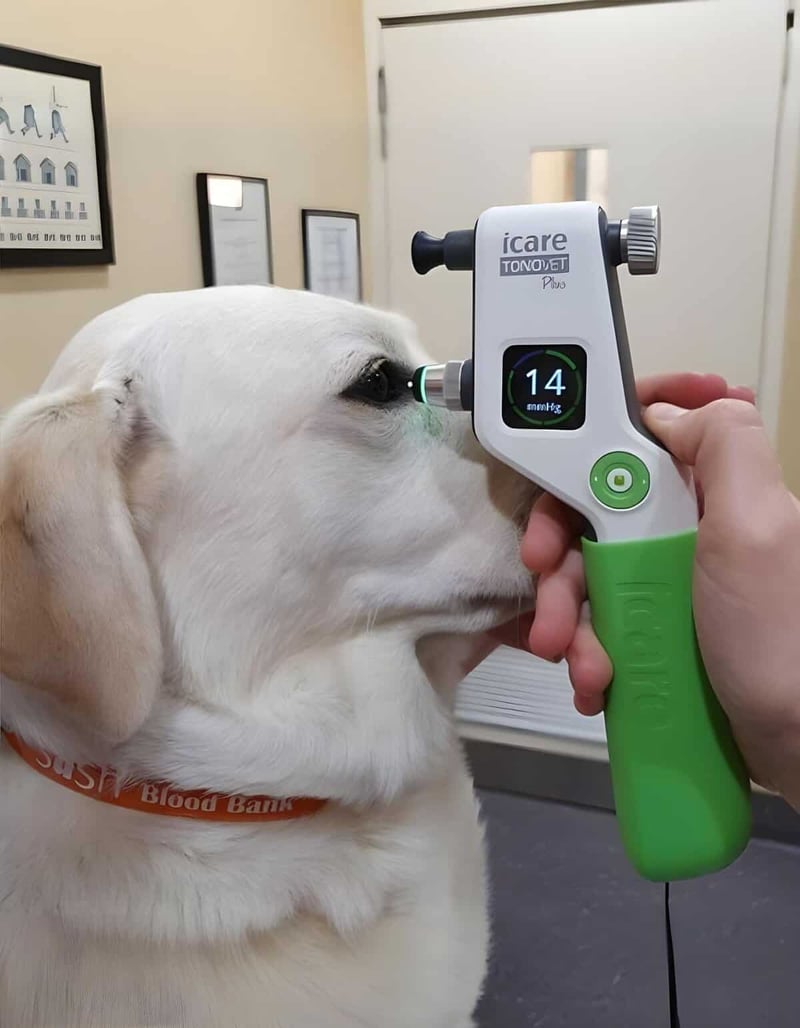 Dog being checked by vet using a digital blood pressure monitor for pet health assessment.