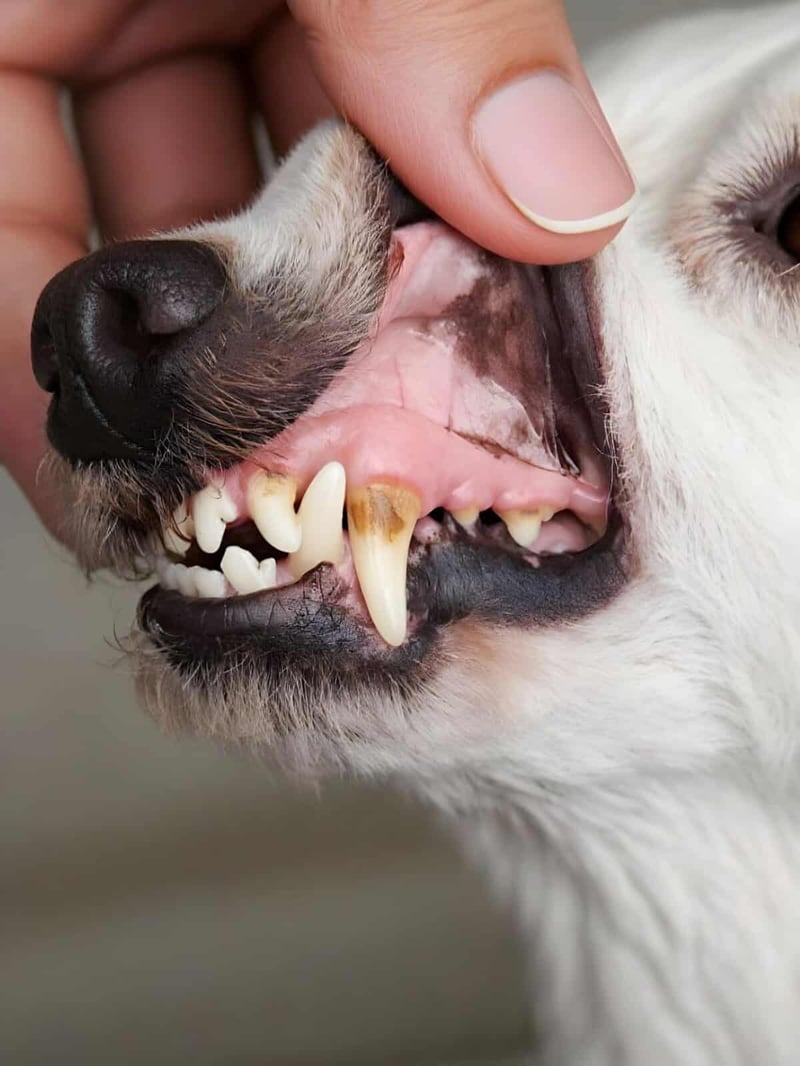 Close-up of a dog’s open mouth showing teeth and gums.