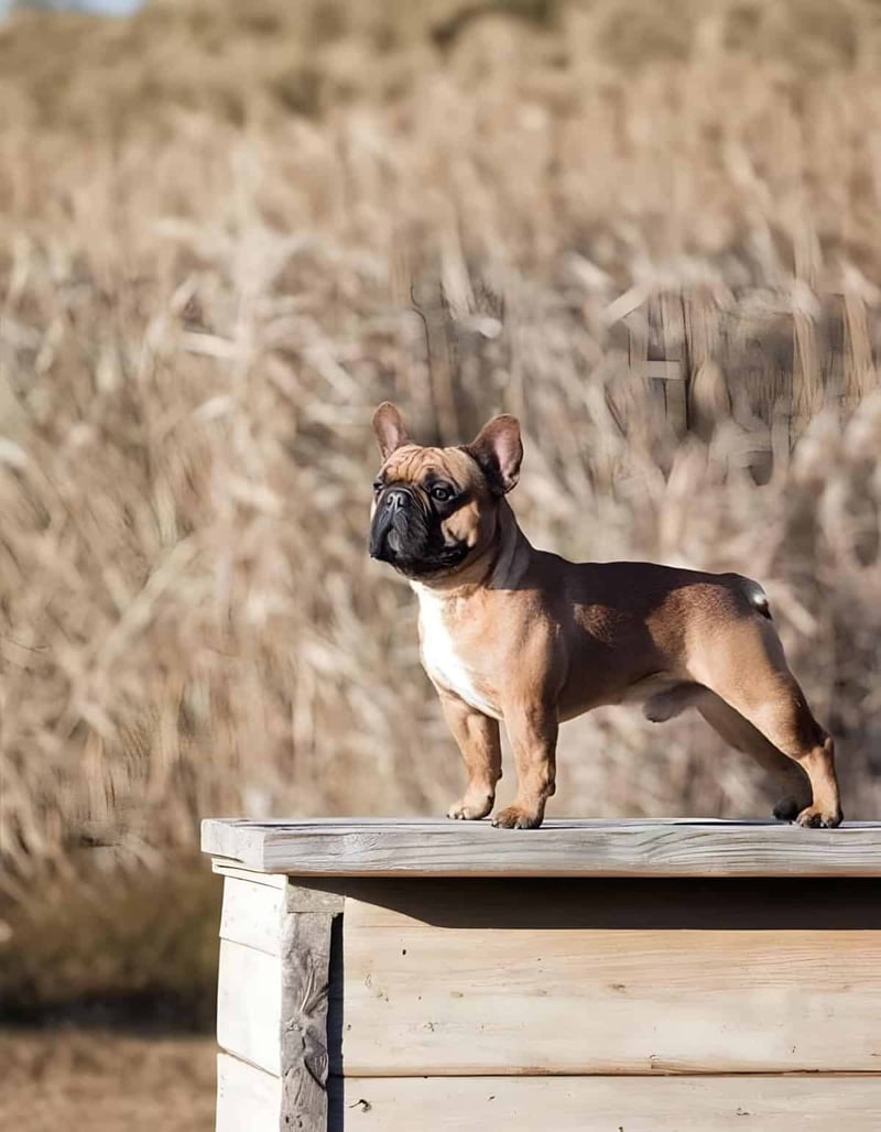 Adorable French Bulldog puppy standing confidently outdoors on a wooden platform, showcasing playful and loyal dog traits.