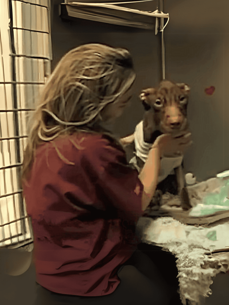 Adorable puppy being cared for by a woman in a shelter.