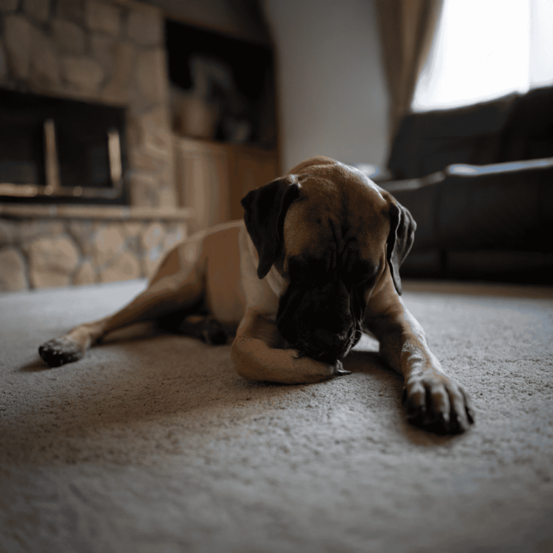 Dog lying peacefully on carpet at home, comfortable and relaxed indoors.