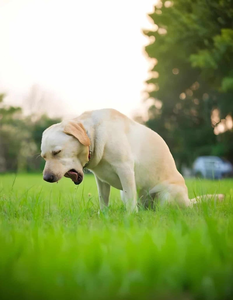 Labrador retriever sitting on green grass during sunset, emphasizing dog wellness and outdoor activities.