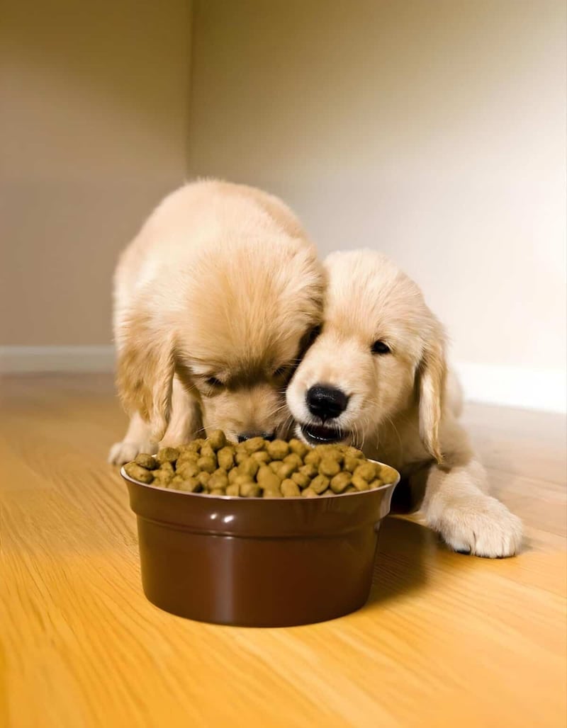 Adorable golden retriever puppies enjoying mealtime with fluffy coats and happy expressions.