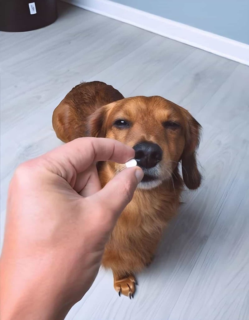 Healthy dog taking medication.