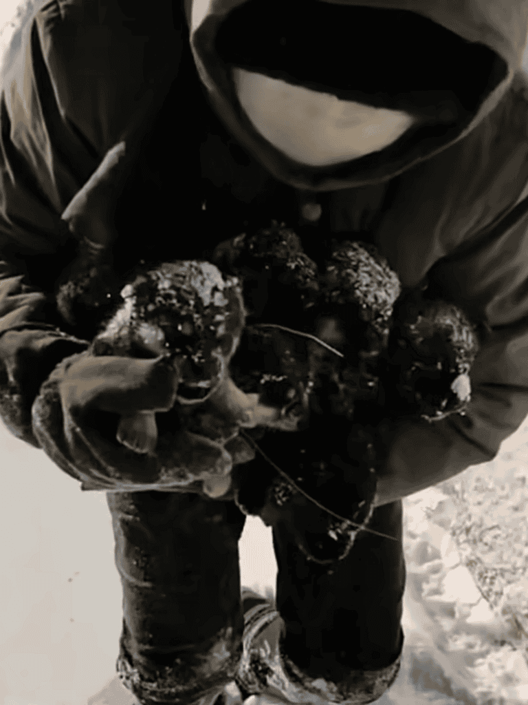 Dog holding snow-covered dog treats in winter outdoor scene.