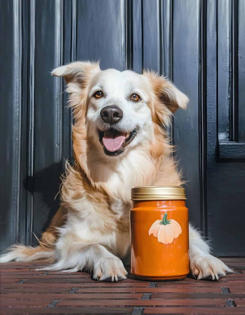 Dog with a pumpkin-themed jar of treats or food, sitting on a wooden porch with a metallic background.