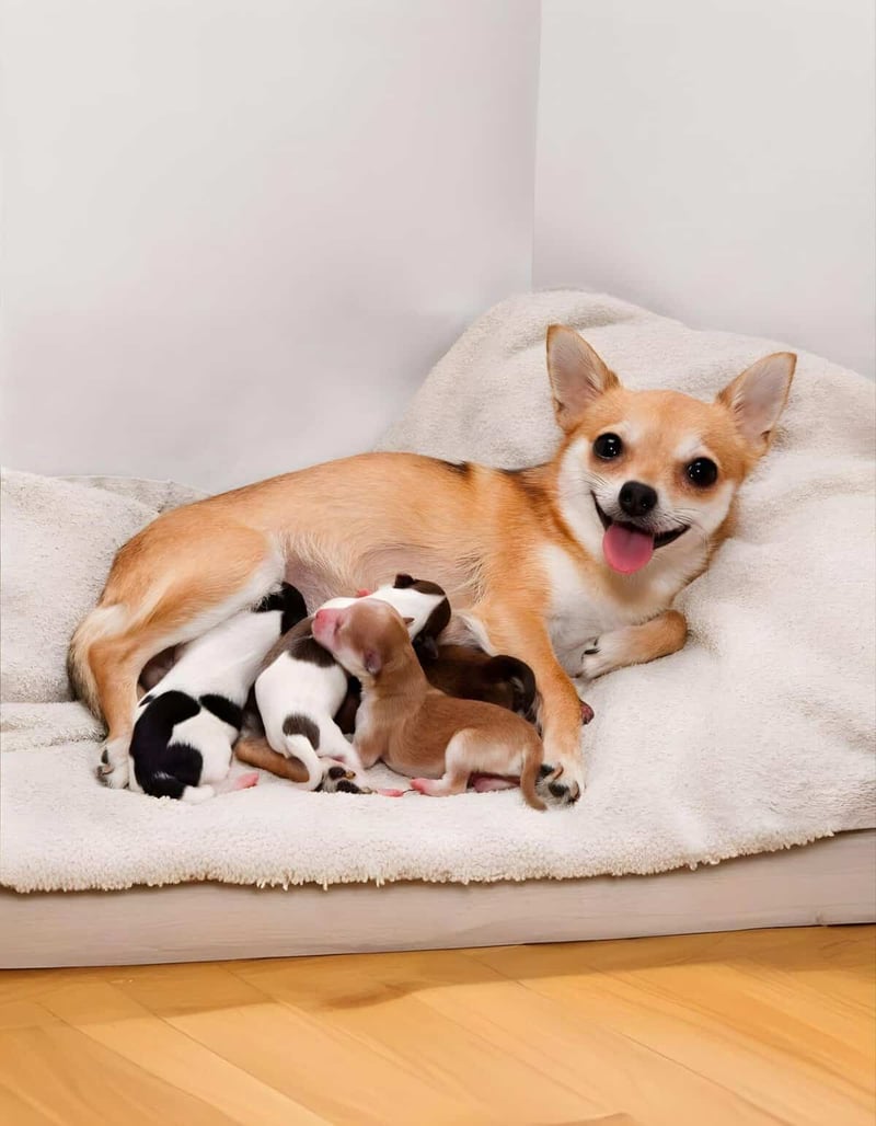 Chihuahua mother with puppies feeding on soft bedding — ideal for dog breeders and pet owners.