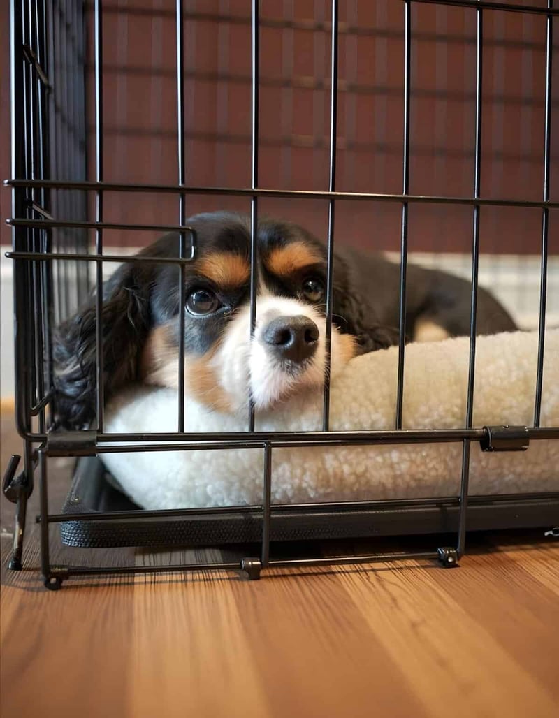 Adorable puppy lying inside a black wire dog crate with a cozy bed.