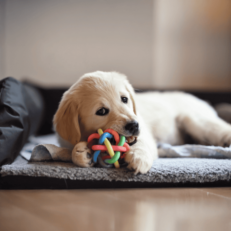 Adorable Labrador puppy playing with vibrant chew toy on rug.