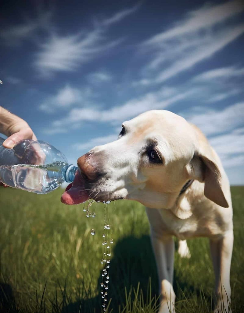 Dog drinking water from a bottle outside in a sunny field.