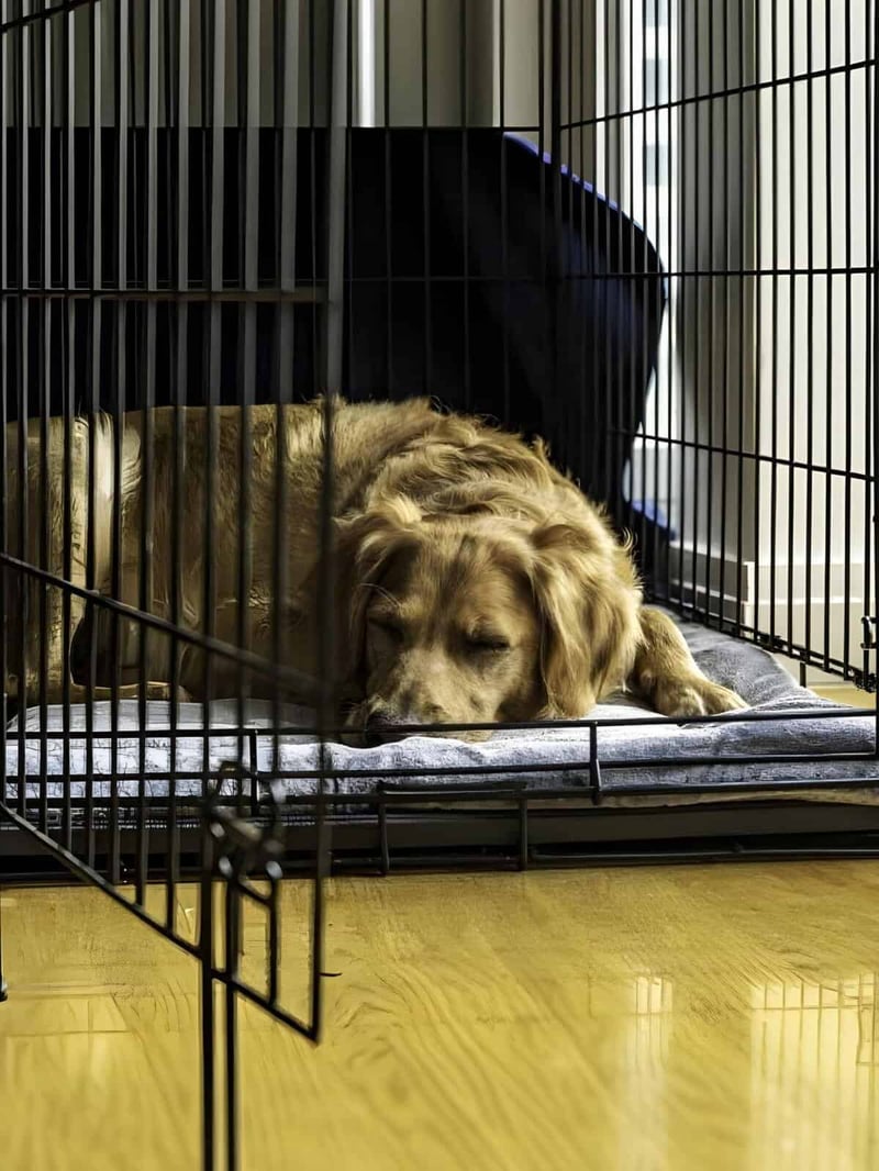 Sleepy dog in crate, resting on blanket, peaceful indoor environment.