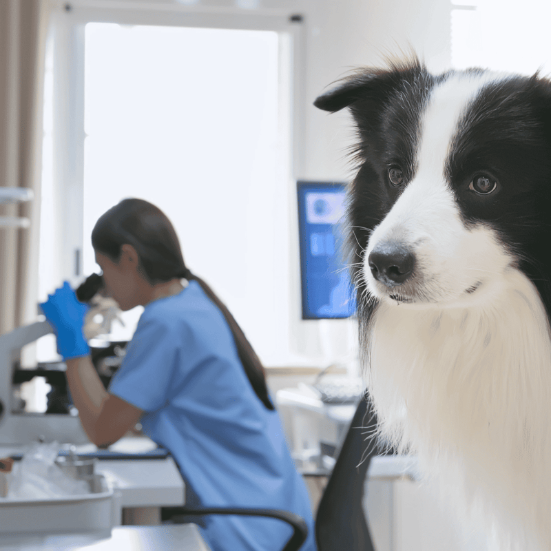 Dog and veterinarian in a clinic setting, emphasizing pet health and veterinary services.