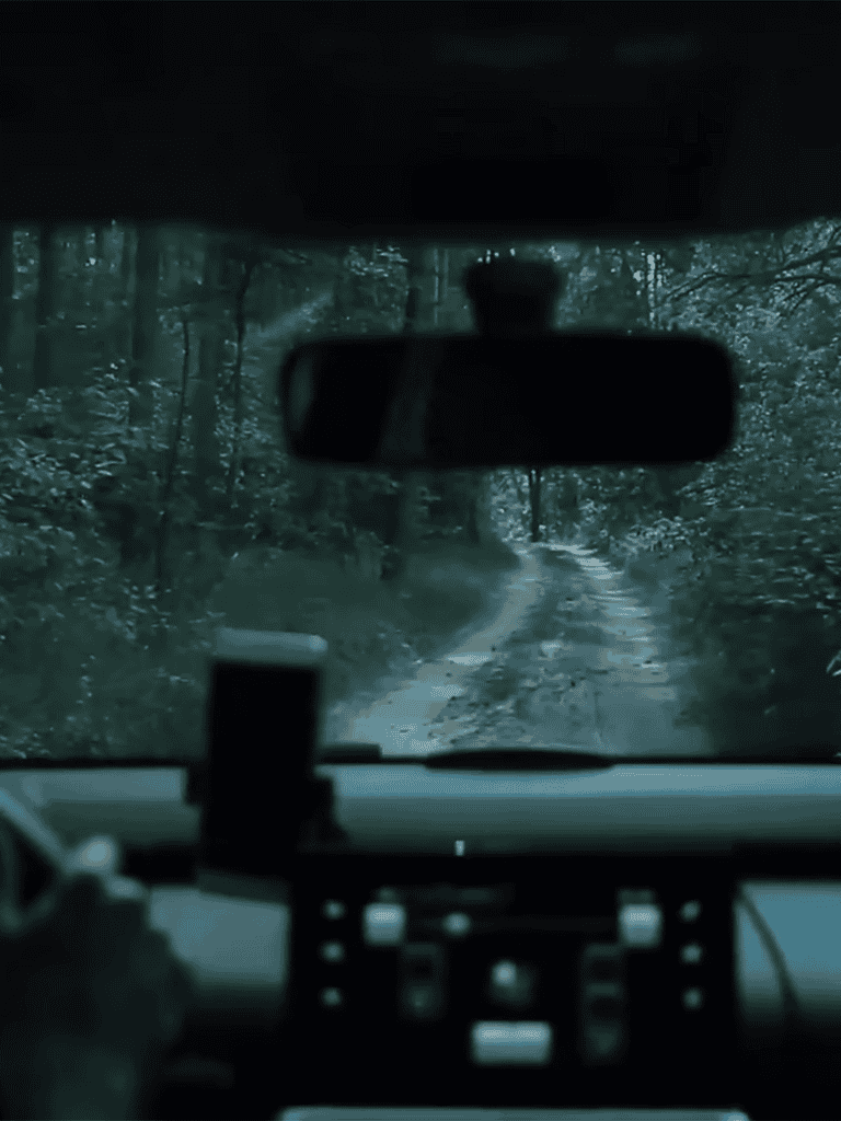 Rainy forest road through the windshield, dark and moody atmosphere.