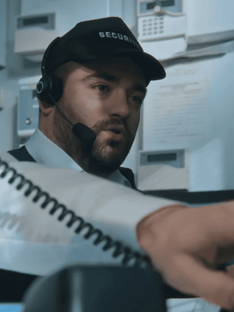 Security guard wearing headset and cap, monitoring surveillance cameras.