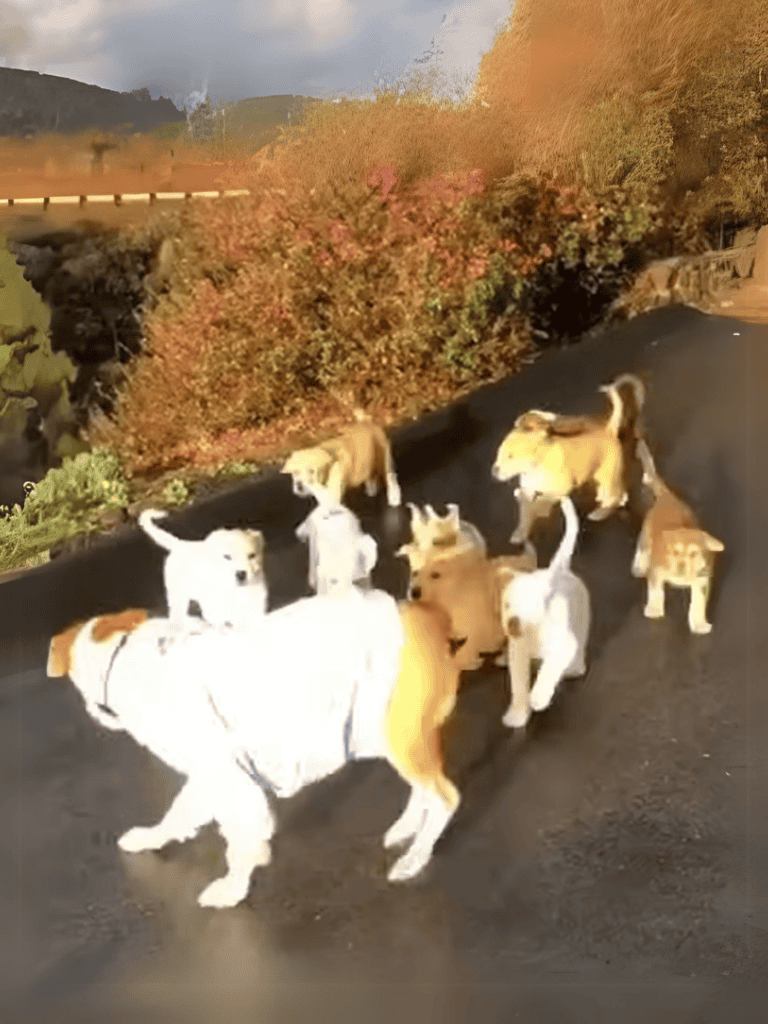 Adorable puppies playing on the road with scenic mountains in the background, capturing joyful moments.
