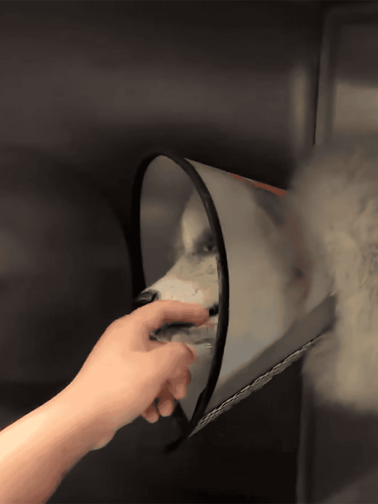 Dog in bathtub being gently bathed by owner.