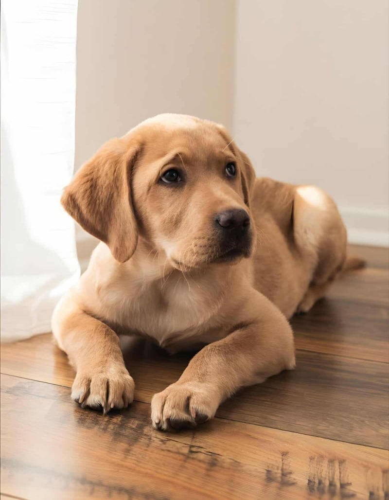 Cute Labrador puppy relaxing on wooden floor, friendly dog, perfect for pet care and training tips.