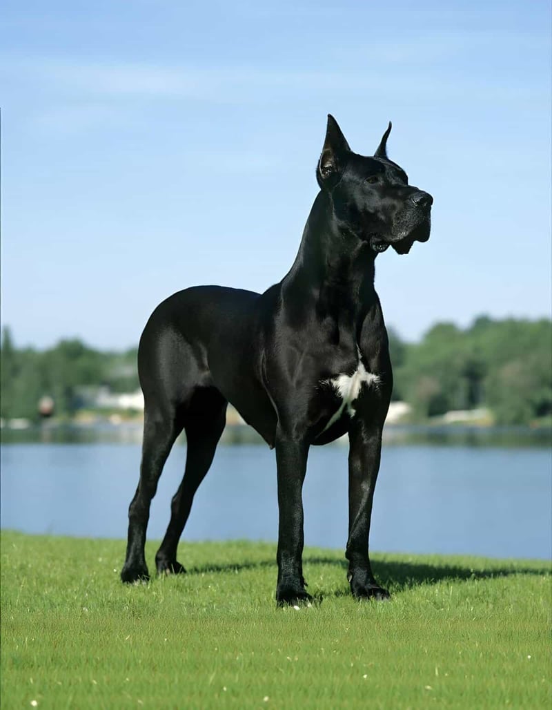 Smart black Great Dane standing on grass at lakeside.