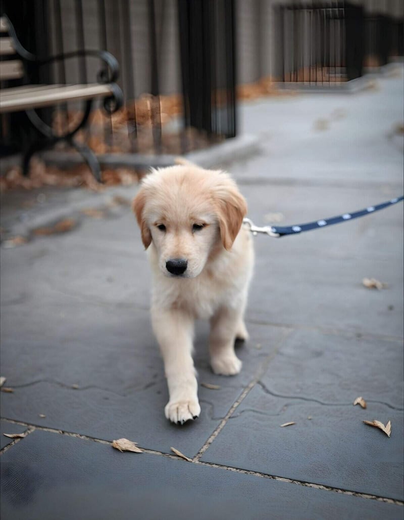 Adorable yellow Labrador puppy walking on a leash outdoors near a dog care facility.
