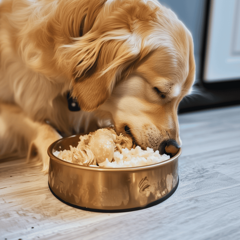 Dog eats nutritious dog food bowl.