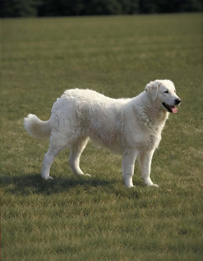 Friendly, playful dog in grassy field for walk and exercise.