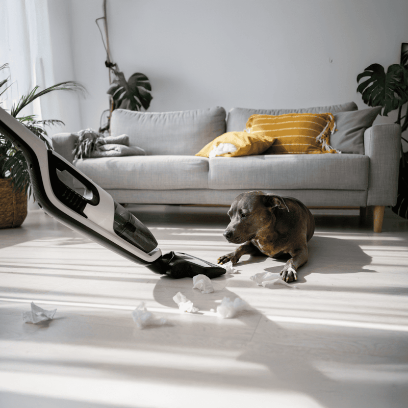 Dog and crumpled tissues after vacuuming cleaning the living room.