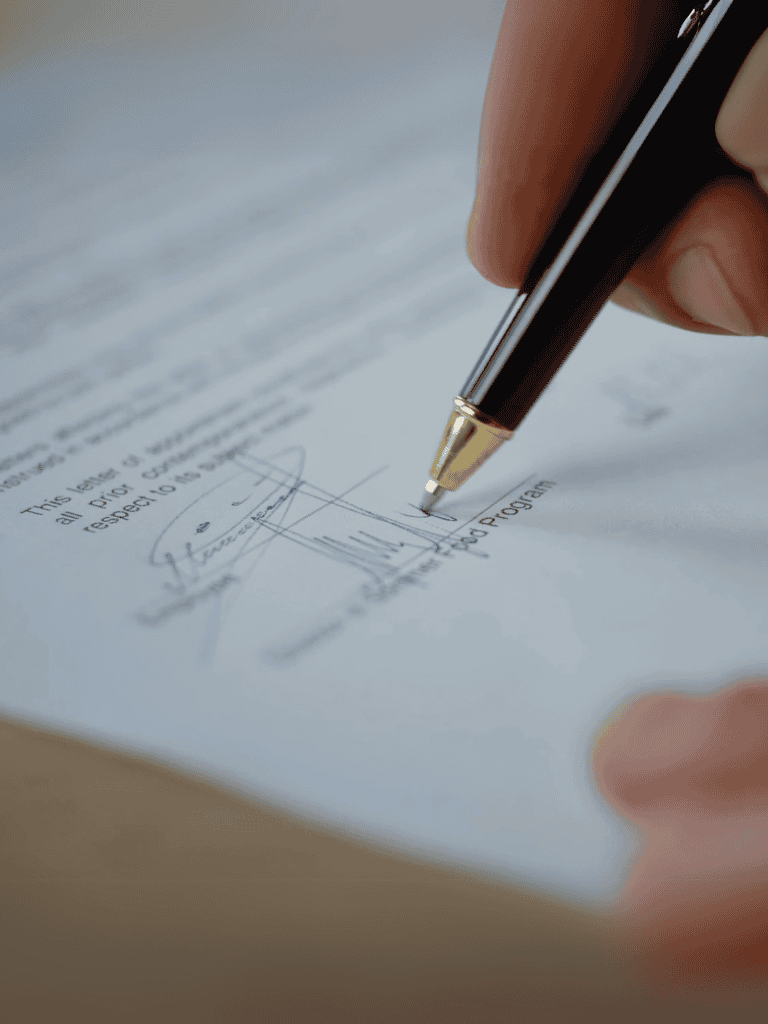 Close-up of a hand signing a legal document with a pen for pet insurance policy.
