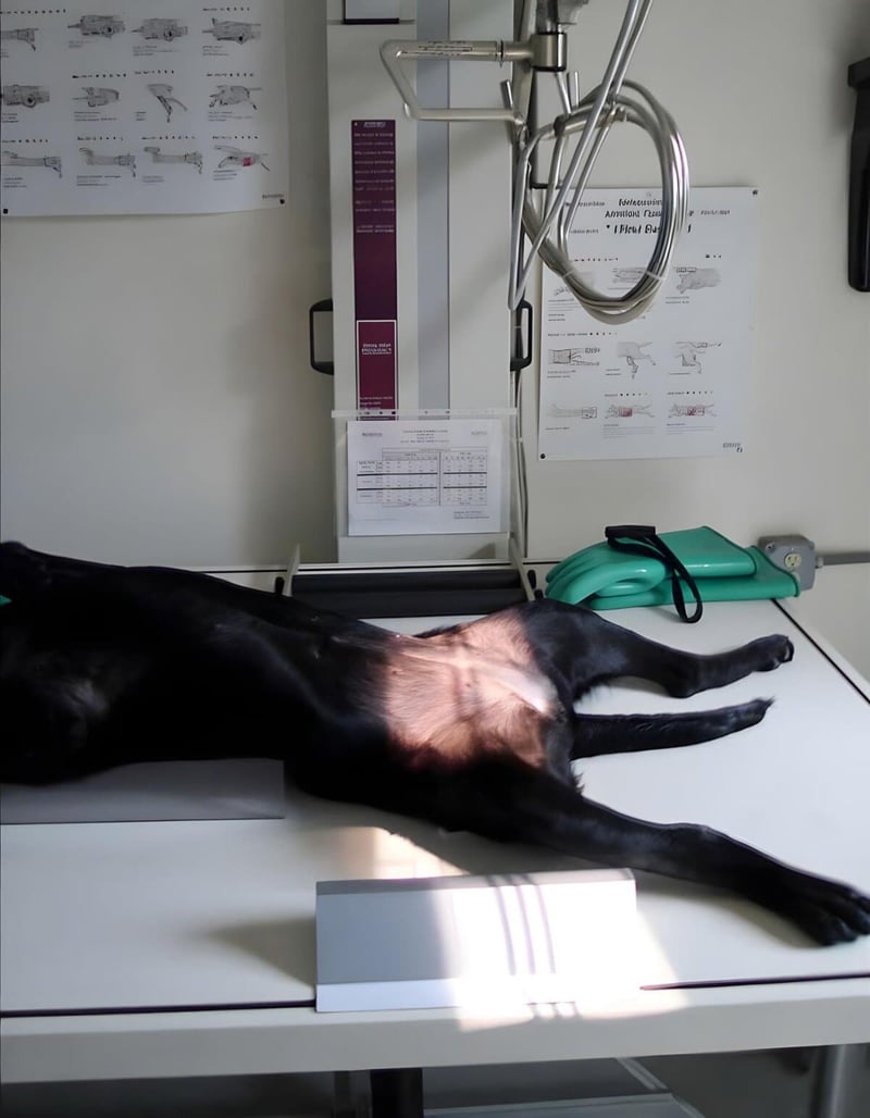 Dog lying on veterinary exam table during health examination.