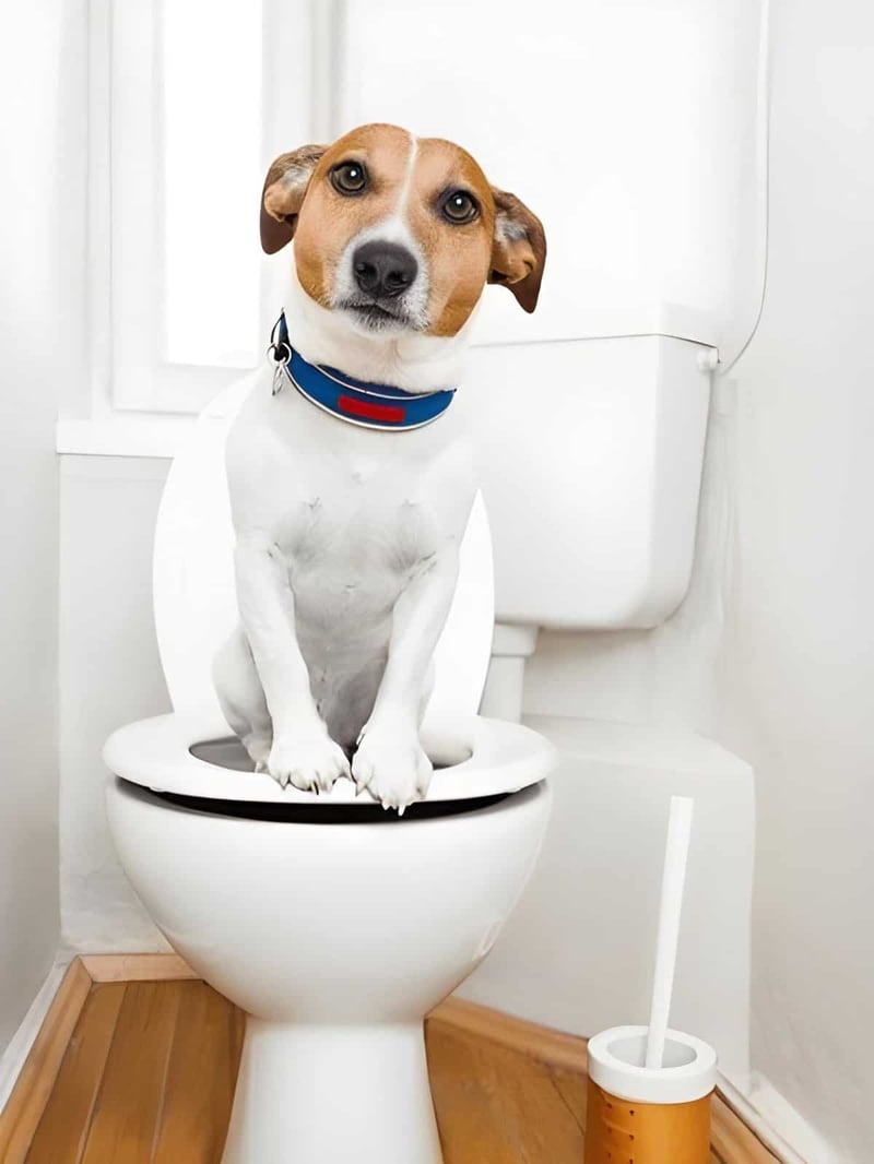 Cute dog sitting on toilet with open lid in bathroom.