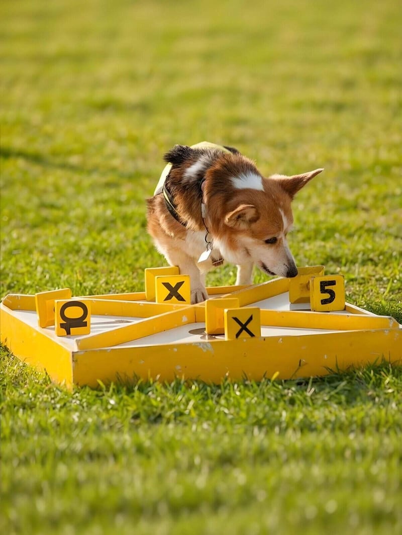 Adorable dog engaged in outdoor activity with a tic-tac-toe game, perfect for dog training and enrichment.