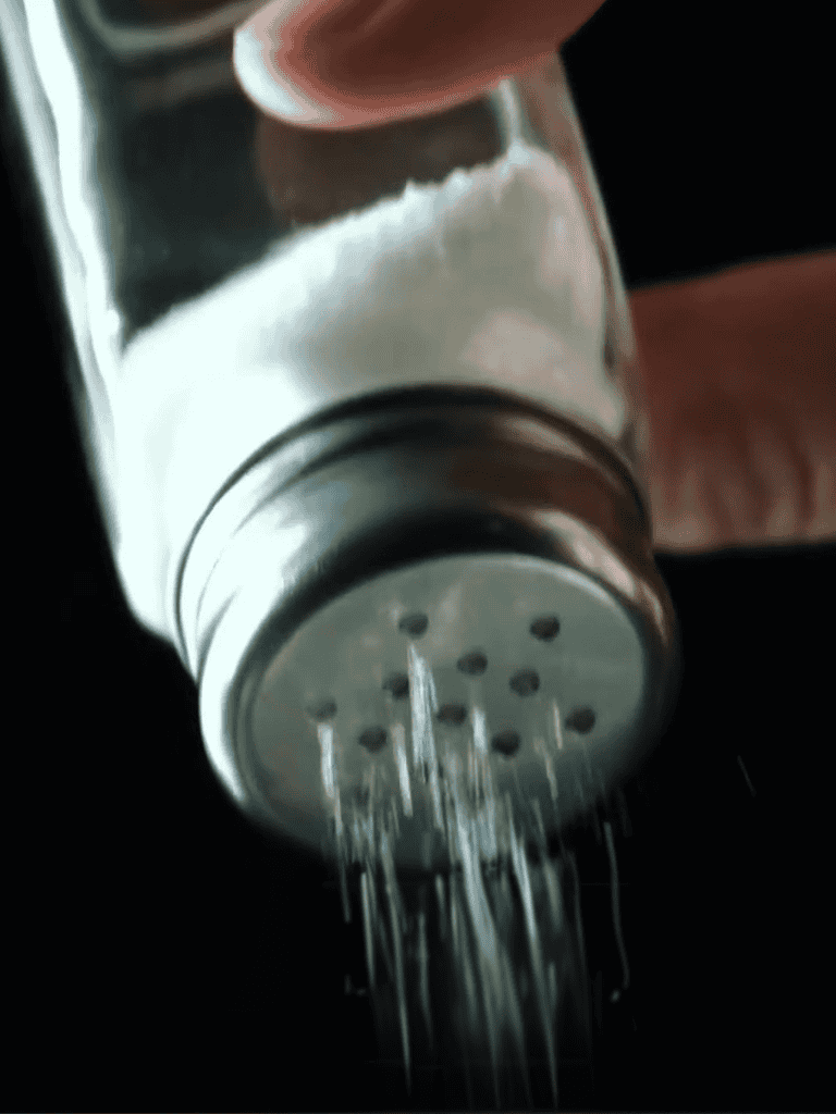 Close-up of a salt shaker dispensing salt, emphasizing seasoning and flavor.
