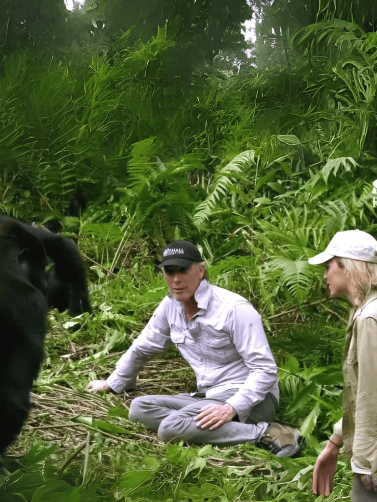 Highly detailed image of two explorers and a guide dog in a lush jungle, emphasizing adventure, nature, and canine companionship.