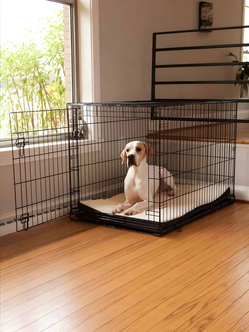 Dog crate with a puppy inside for safe pet confinement, ideal for training and resting.