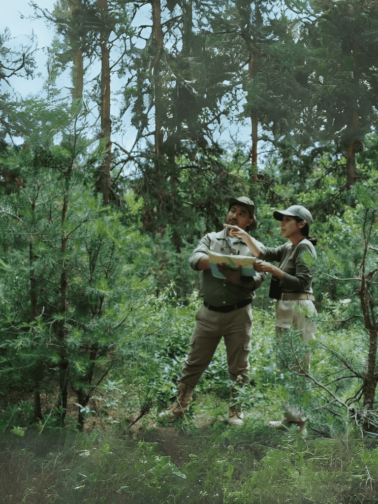 Dog rescue team in wooded forest setting.