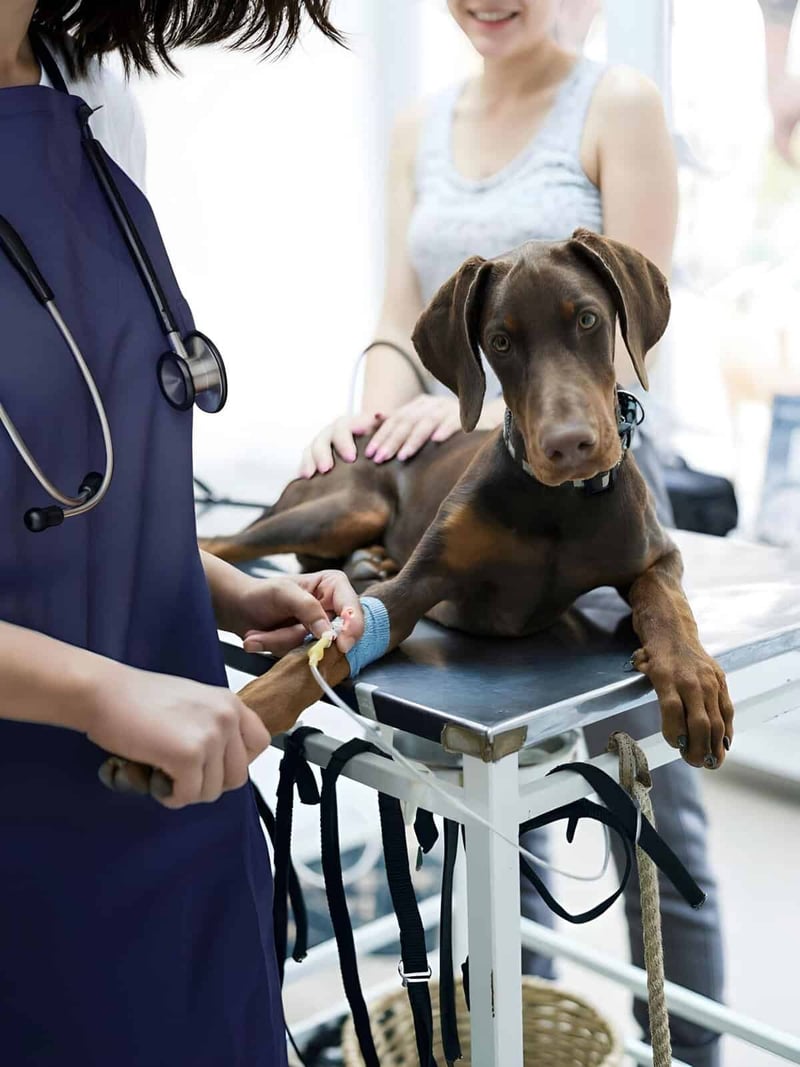 Alt text: Vet examining a dog receiving medical treatment at clinic.