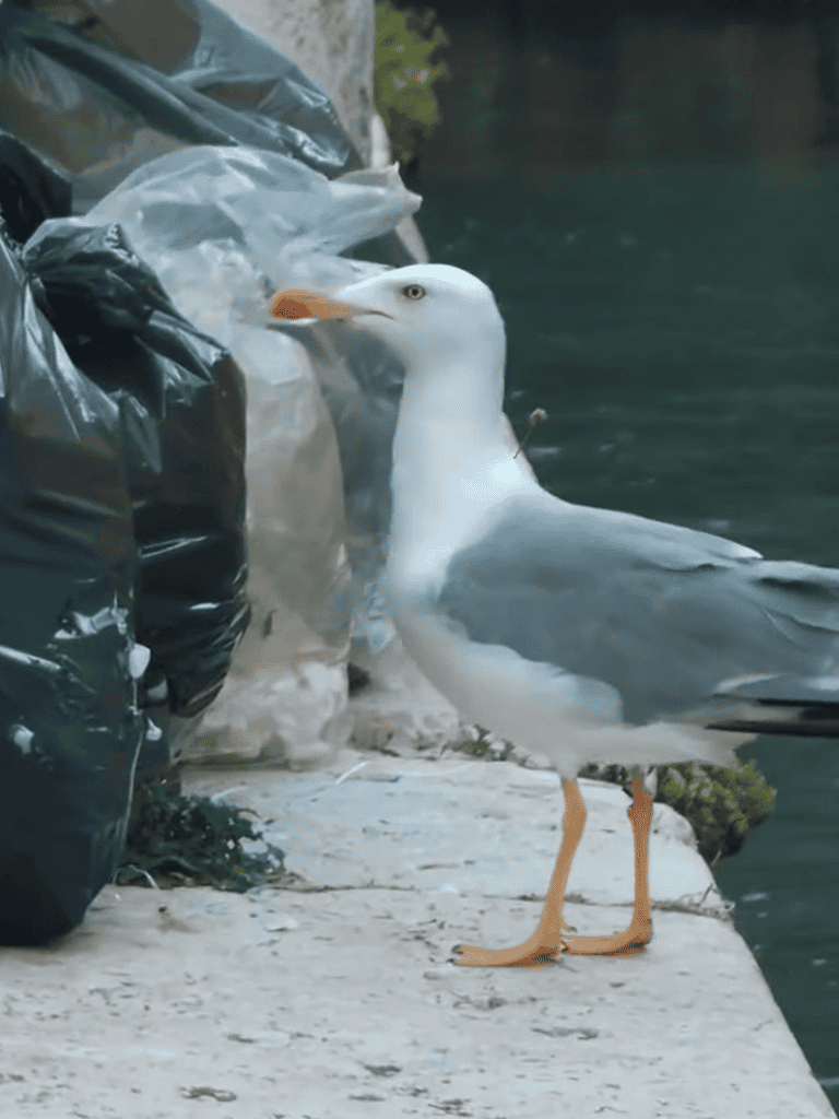 Seagull clean-up bird near garbage bags by water, highlighting marine debris awareness.