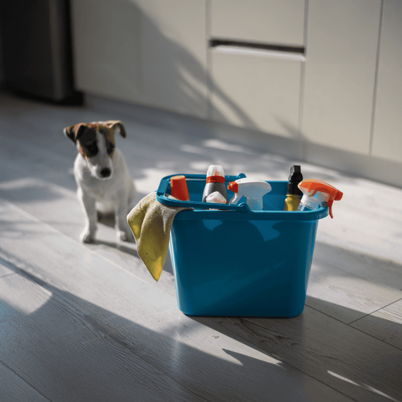 Dog grooming supplies in a blue bucket with cleaning sprays, brushes, and towel highlighting pet grooming services.