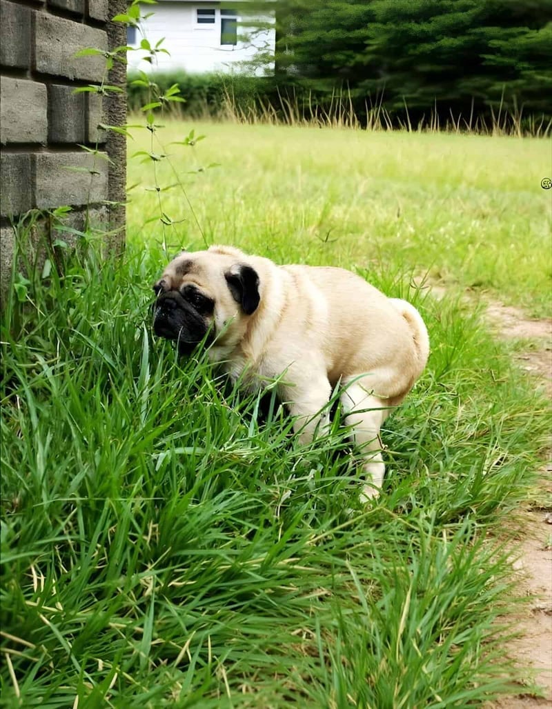 Adorable pug puppy sitting in lush green grass near a brick wall, outdoor setting.