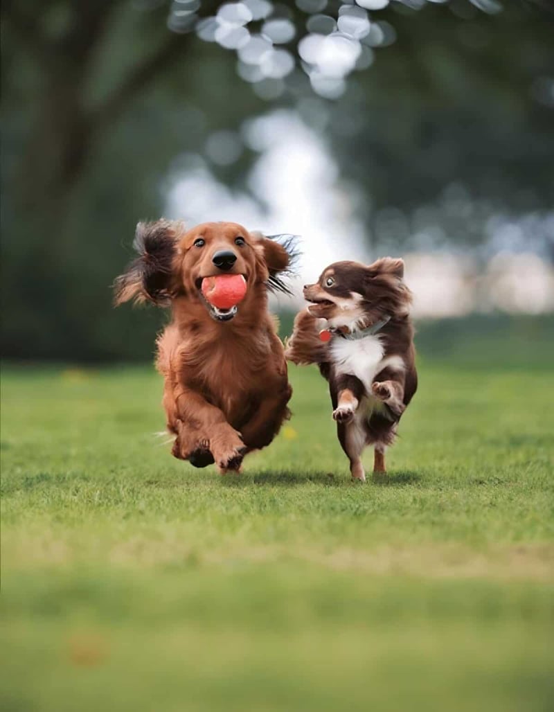 Lively dogs enjoying outdoor activity with a ball in park.